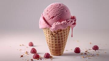Strawberry Ice Cream Scoop in Waffle Cone With Raspberries photo