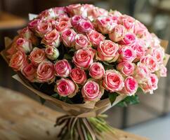 Bouquet of Pink and White Roses on Table photo