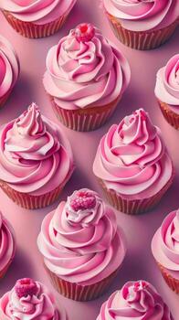 cerca arriba de muchos magdalenas con rosado Crema foto