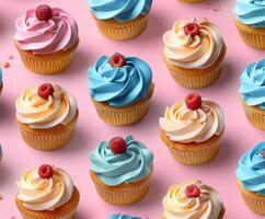 Close Up of Many Cupcakes With Frosting and Raspberries photo