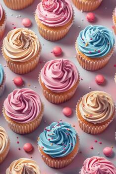 mesa lleno con magdalenas cubierto en Crema foto