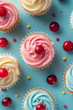 magdalenas con blanco Crema y un Cereza en parte superior foto