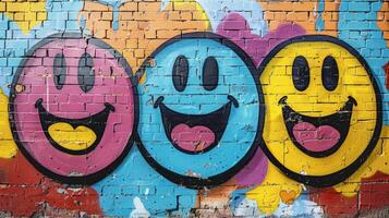 Three Smiley Faces Painted on a Brick Wall photo