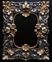 Golden Frame With Flowers and Leaves on Black Background photo