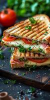 Grilled Cheese and Tomato Sandwich on Cutting Board photo