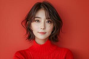 Stylish Korean Woman in Red Sweater Posing photo