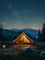 Tent in Field Under Starry Night Sky photo