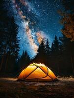 A Tent Pitched Up in the Middle of a Forest Under a Night Sky Filled With Stars photo
