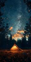 Tent Camping in Forest Under Starry Night Sky photo