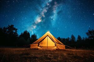 Tent Pitched in a Field Under Starry Night Sky photo