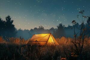 Tent Set Up in Field Under Night Sky photo
