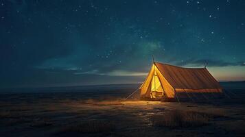Tent in Desert Under Starry Night Sky photo