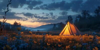 Tent Set Up in Field at Night photo