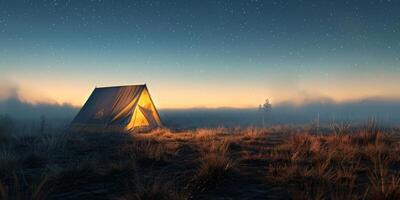 Tent Set Up in Field Under Night Sky photo
