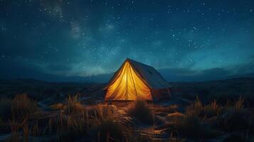 Illuminated Tent in Desert Night photo