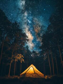 tienda en el medio de bosque debajo noche cielo con estrellas foto