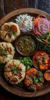 Plate of Food on Wooden Table photo