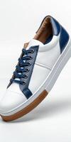 White and Blue Sneaker With Brown Soles photo