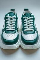 Green and White Sneakers on White Surface photo