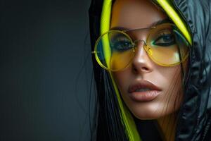Woman Wearing Yellow Glasses and Black Jacket photo