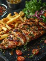 Close Up of a Plate of Food With French Fries photo