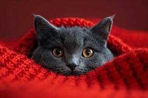 Black Cat Peeking From Under Red Blanket photo