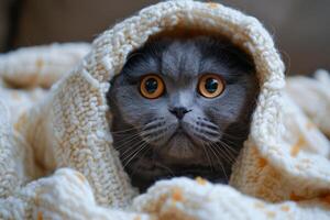 Gray Cat Hiding Under a Blanket photo