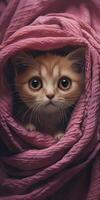 Curious Kitten Peeking From Beneath Pink Blanket photo
