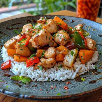 plato de comida con arroz y vegetales foto
