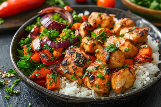 cuenco de arroz con pollo en mesa foto