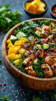 de madera cuenco lleno con A la parrilla pollo y verduras foto