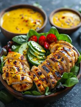 cuenco de A la parrilla pollo ensalada con Pepino y Tomates foto