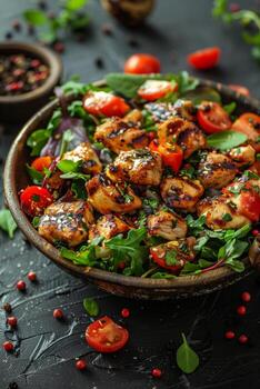 cuenco lleno con A la parrilla pollo y vegetales en mesa foto