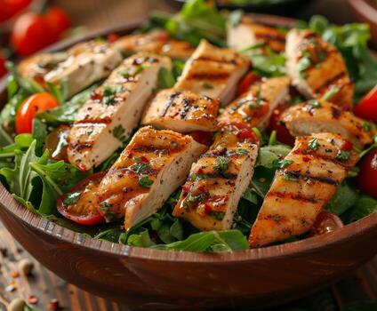 A la parrilla pollo ensalada con Tomates en de madera cuenco foto