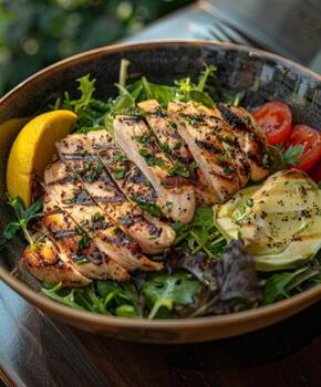 A la parrilla pollo ensalada con lechuga, Tomates, y limón porciones foto