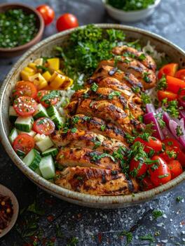 cuenco lleno con pollo y verduras en mesa foto