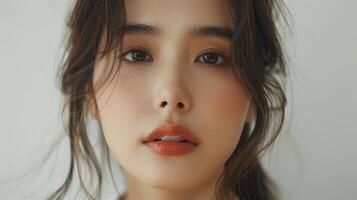 Womans Face With Hair Blowing in the Wind photo