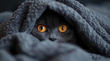 A Black Cat Peeking Out From Under a Blanket photo