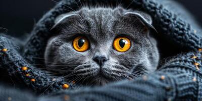 Gray Cat With Yellow Eyes Hiding Under a Blanket photo