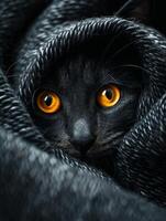 Black Cat With Orange Eyes Hiding in Blanket photo