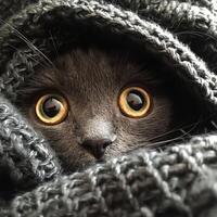 Black Cat Peeking Out From Under a Blanket photo