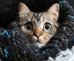 Cat With Big Blue Eyes Peeking Out From Blanket photo