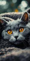 Gray Cat With Yellow Eyes Laying on a Blanket photo
