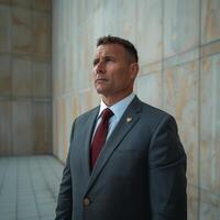 Businessman in Suit and Tie Standing in Front of Wall photo
