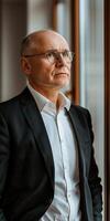 Man in Suit and Glasses Looking Out Window photo