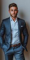Man in Suit Standing With Hands in Pockets photo