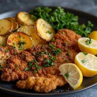 Plate of Fried Chicken, Potatoes, and Lemons photo