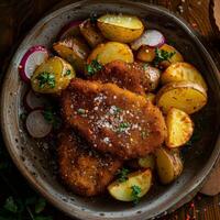 Bowl Filled With Fried Chicken and Potatoes photo