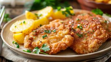 Fried Chicken Plate With Lemon Wedges photo