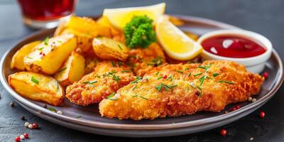 Plate of Fried Fish and Potatoes With Ketchup photo